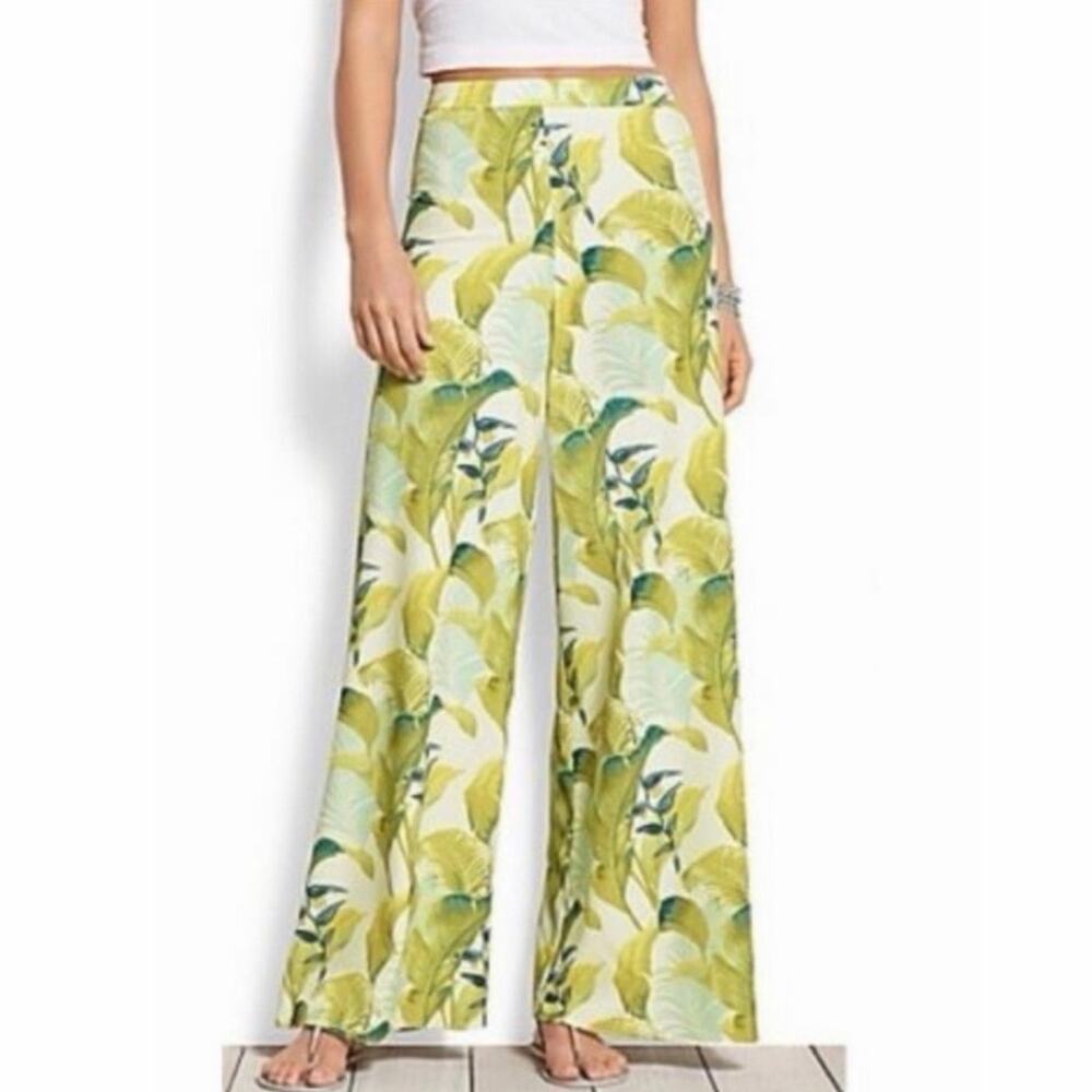 Tommy Bahama Womens 4 Tropical Floral Wide Leg Pants Green Stretch Raw Hem